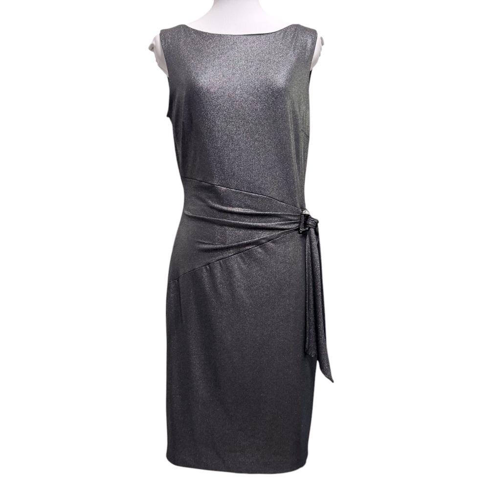 Cache Gun Metal Grey Shimmer‎ Metallic Cocktail Evening Gathered Ruched Dress L